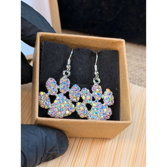 Sparkling Paw Print Dangle Earrings With Rhinestones Silver-Toned Hooks Lightwei - Picture 2 of 7